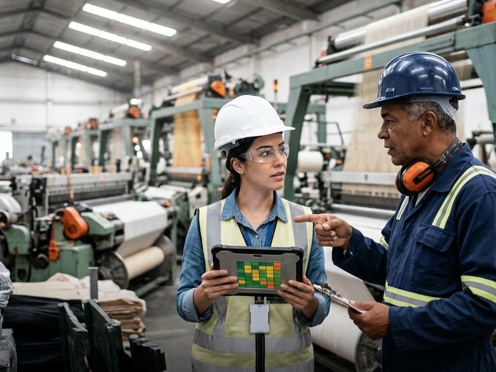 Engenheira de confiabilidade e supervisor avaliam uma linha de teares com um tablet.
